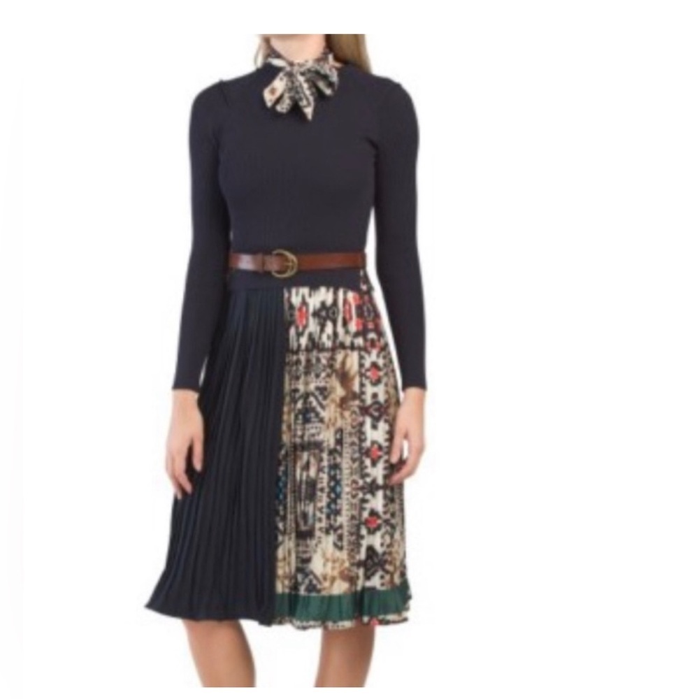 Chic & Elegant Asymmetrical Navy Dress - Sweater Top & Patterned Scarf LIKE NEW